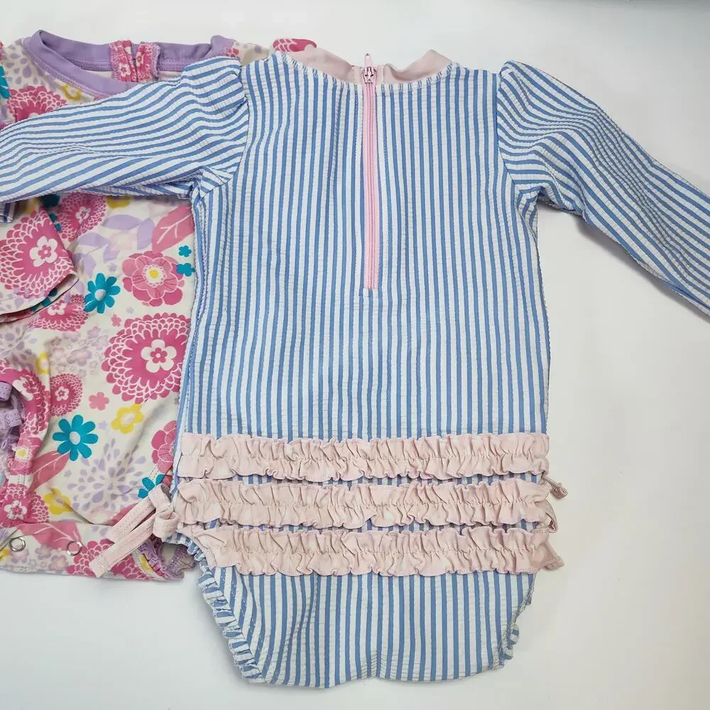 RuffleButts Baby Girl 6–12M Long Sleeve One Piece Swimsuit Set seersucker